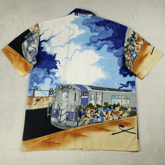 Vintage Up Ros Button Shirt Mens Large 90s Hip Hop Graffiti NYC Train Rap Camp - Picture 2 of 12